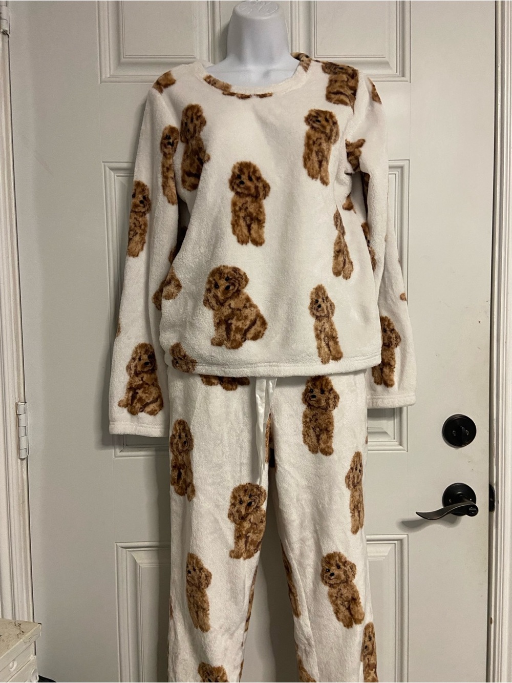 T41- 2PC. Set CENSORED Cream-Brown POODLE Fluffy Fleece Pajama Set